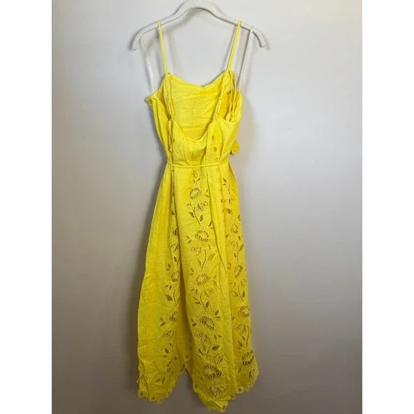 Farm Rio Yellow Floral Eyelet Midi Dress Scalloped Hem Tie Waist NWT